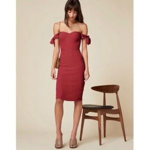 Reformation Marla Off-the-Shoulder Dress in Cherry Bomb Red